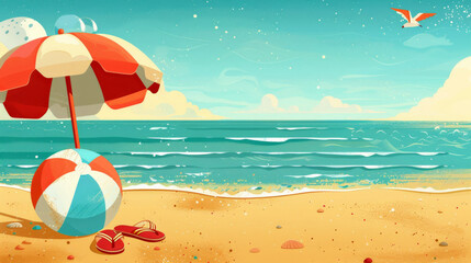 summer beach background with flops, umbrella, see, and beach ball