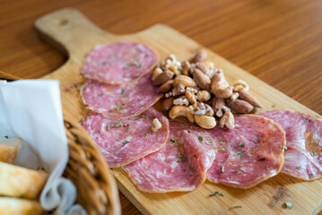 Salami with nut in restaurant