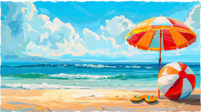 summer beach with umbrella, sea, flops, beach ball