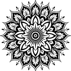 A black and white circular design with a lotus flower at its center. The petals are arranged in a radial pattern, with each petal having a different shape. The outer edges have more pointed petals.