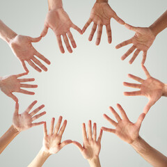 Motivation, support and hands of people in circle for collaboration, solidarity and community. Low...