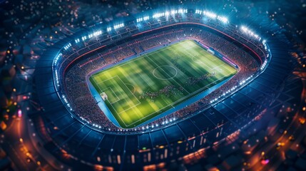 Aerial view on soccer stadium in evening time, Football arena with people city, championship, live...
