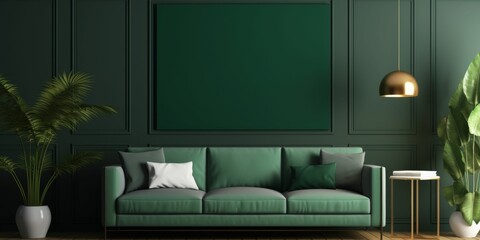 Mock up picture frame in dark green room.