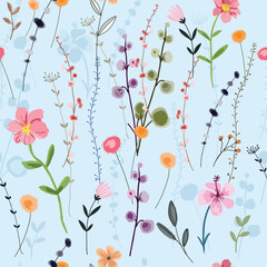 Wild flower forest on light blue background seamless pattern
