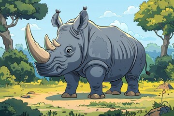 cartoon drawing, of cute happy rhino in the wild, detailed background, Generate AI