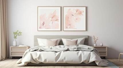 Mockup poster frame in white luxury bedroom.