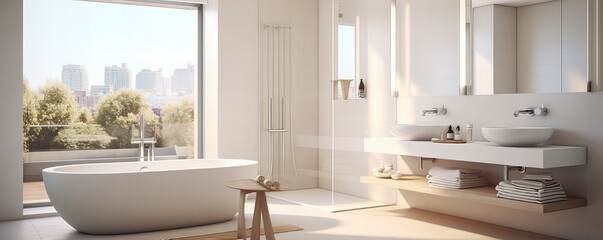Interior of a modern bathroom of light color with a bath and an area for personal hygiene.