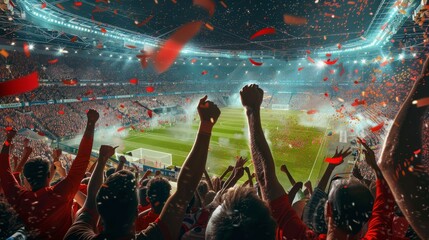 Fans enthusiastically cheering at a soccer stadium. Sport concept for spectator and passion.