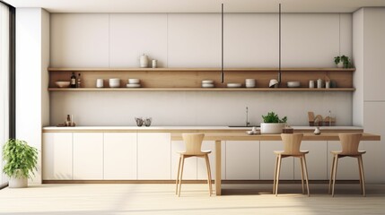 Modern kitchen, interior design, minimalistic Scandinavian look. Natural wooden and white materials.