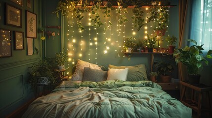 cozy small bedroom with string lights, green themed decor and hanging plants, fairy light garlands in the style of hanging plants