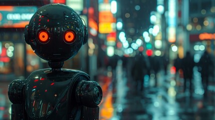 Fototapeta premium 都市に現れた丸い目のロボット,Generative AI AI画像