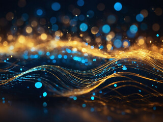Abstract Background Featuring Gold and Blue Glowing Neon Waves and Bokeh Lights, Representing Sound Waves and Data Transfer.