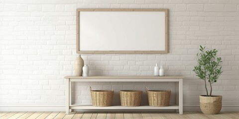 Poster frame mock-up in home interior background with commode in living room.