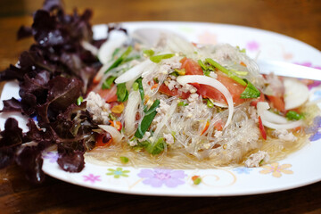 Spicy noodle salad with minced pork. Thai food