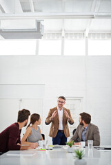 Business people, teamwork and meeting in office for strategy for project management, information and client feedback. Discussion, conversation and creative ideas for collaboration on company task.