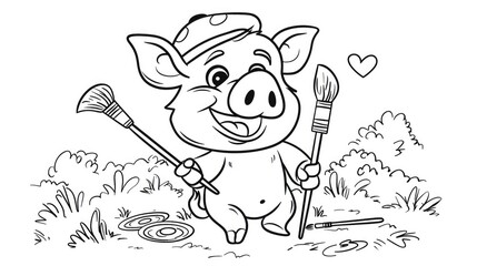 Black and white illustration of an adorable piglet holding paint brushes