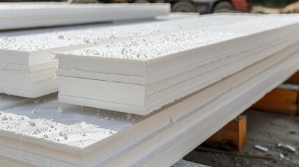 Sheets of expanded polystyrene for house thermal insulation during constructions.