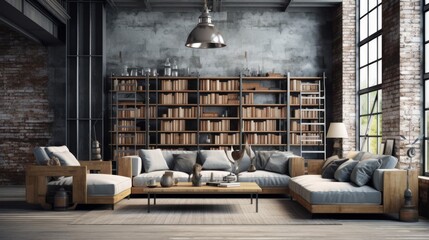 Urban Chic Stylish Modern Living Room Loft in Industrial Style with Sofa, Wood Tables, and Concrete Wall. 