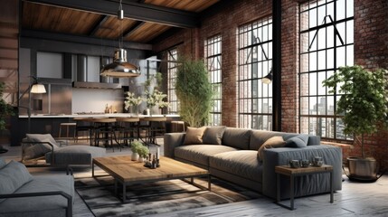 Fototapeta premium Urban Chic Stylish Modern Living Room Loft in Industrial Style with Sofa, Wood Tables, and Concrete Wall. 