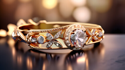a gold ring with a diamond and a leaf design