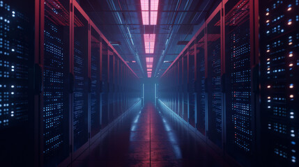 Modern Data Center Server Racks in Dark Room with Stunning Visuals. Conceptual Image of IoT, Data Transfer, and Online Traffic Digitization. Intricate Electrical Equipment Warehouse.