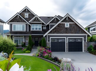 elegant suburban home with three garage doors, surrounded by lush green lawn and blooming flowers on the front yard