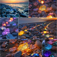Compile a collage of images showcasing glowing pebbles on the beach, surrounded by colorful glass pebbles, with the natural beauty of the shoreline enhanced by the dreamlike quality of the scene, Gene