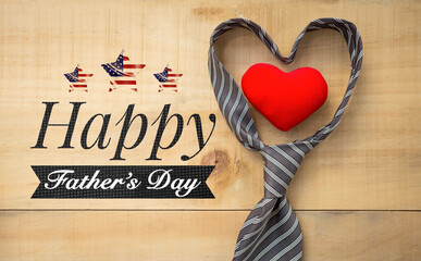 Happy Father's day banner with USA stars and red heart in necktie on wood background, Father's day card background idea
