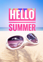 Hello summer banner with sunglasses on tropical beach, vertical style, summer fashion season