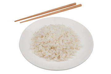 A plate of delicious white rice with a pair of chopsticks isolated transparent