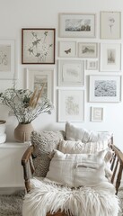 Craft a contemporary gallery wall with a mix of whiteframed pictures in various sizes and orientations