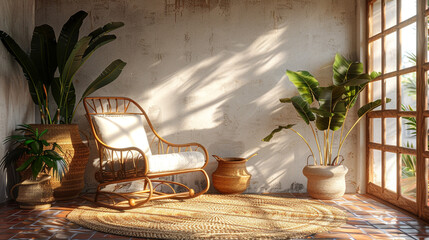 Tranquil oasis, vintage rocker, simple side table, gentle radiance.