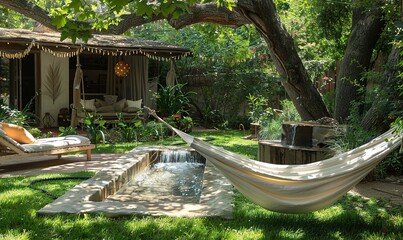 Craft a charming backyard oasis, complete with a hammock strung between two trees, a bubbling...