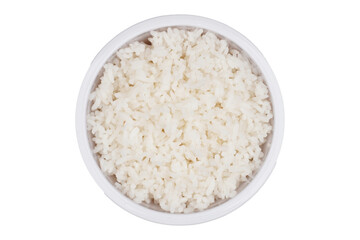 Well cooked white rice in a white bowl isolated transparent