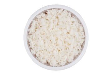 Well cooked white rice in a white bowl isolated transparent