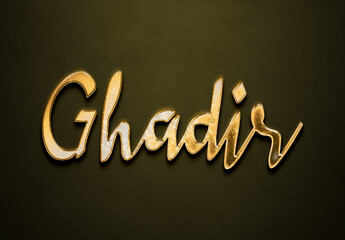 Old gold text effect of Arabic name Ghadir with 3D glossy style Mockup	.