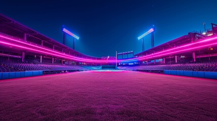 Baseball Stadiums Neon Lights: A photo showcasing an empty baseball stadium illuminated by neon light