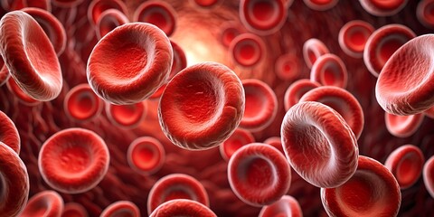 Red blood cells flow in human veins, medical background. Macro view of erythrocyte platelets