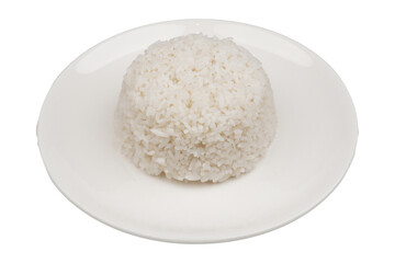 White rice in a white serving plate isolated transparent