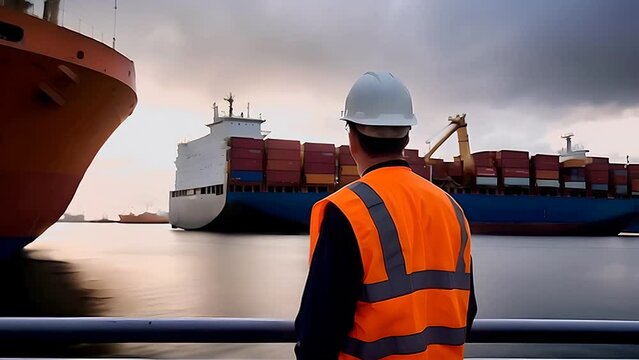 Man in Orange Vest Looking at Large Ship