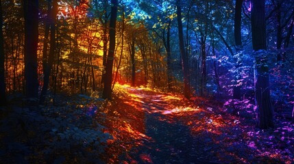 Obraz premium Forest Mystery: A neon photo depicting the mystery of a forest, with shadows and light playing among the trees