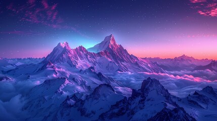 Mountains Serene Calm: A neon photo capturing the serene and calm atmosphere of mountains