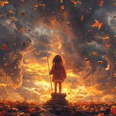 A little girl on a book while holding a large sized pencil, symbolizing joy and determination for the new school year abstract concept with sunset