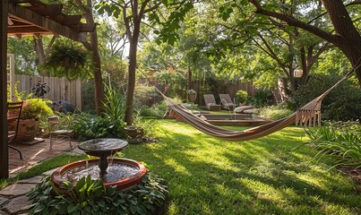 Craft a charming backyard oasis, complete with a hammock strung between two trees, a bubbling fountain, and a patch of sun-dappled grass near the patio, Generate AI.