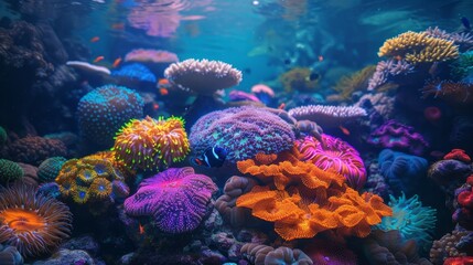 Neon Marine Life Coral Reefs: A photo of neon-colored coral reefs, teeming with life and vibrant colors
