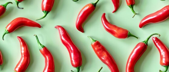 A vibrant pattern of red chili peppers on a light green background, showcasing the fresh, spicy vibe perfect for culinary and design purposes.