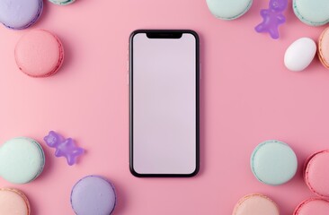Top view of a smartphone with a white blank screen and colorful candies and macarons on a pastel pink background.