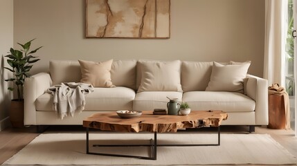 A serene photo of a live edge coffee table near a corner sofa, bathed in soft, natural light. close up