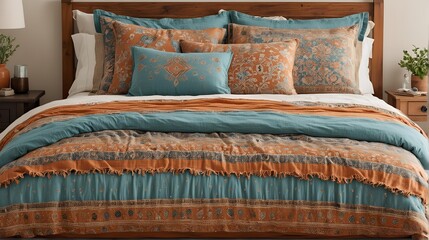 A vibrant and cozy photo of a bed with blue and beige bedding, showcasing the textures and patterns...