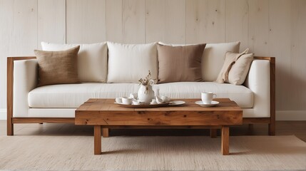 A minimalist photo showcasing the natural wood tones of the coffee table and the wooden paneling, against the crisp white of the sofa. low view